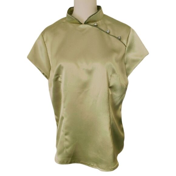 Asian Satin Blouse XL Top Office Siren Geisha Mandarin Collar Chartreuse Vintage - Picture 11 of 16